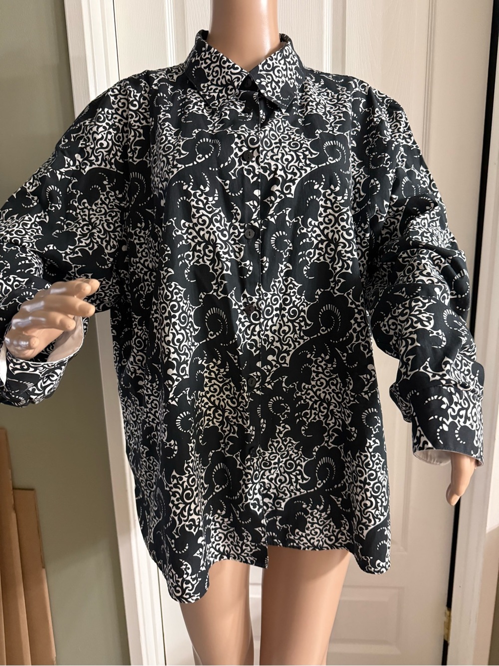 Foxcroft Wrinkle Free Shirt 20W Black White Button Front Blouse Career Classic